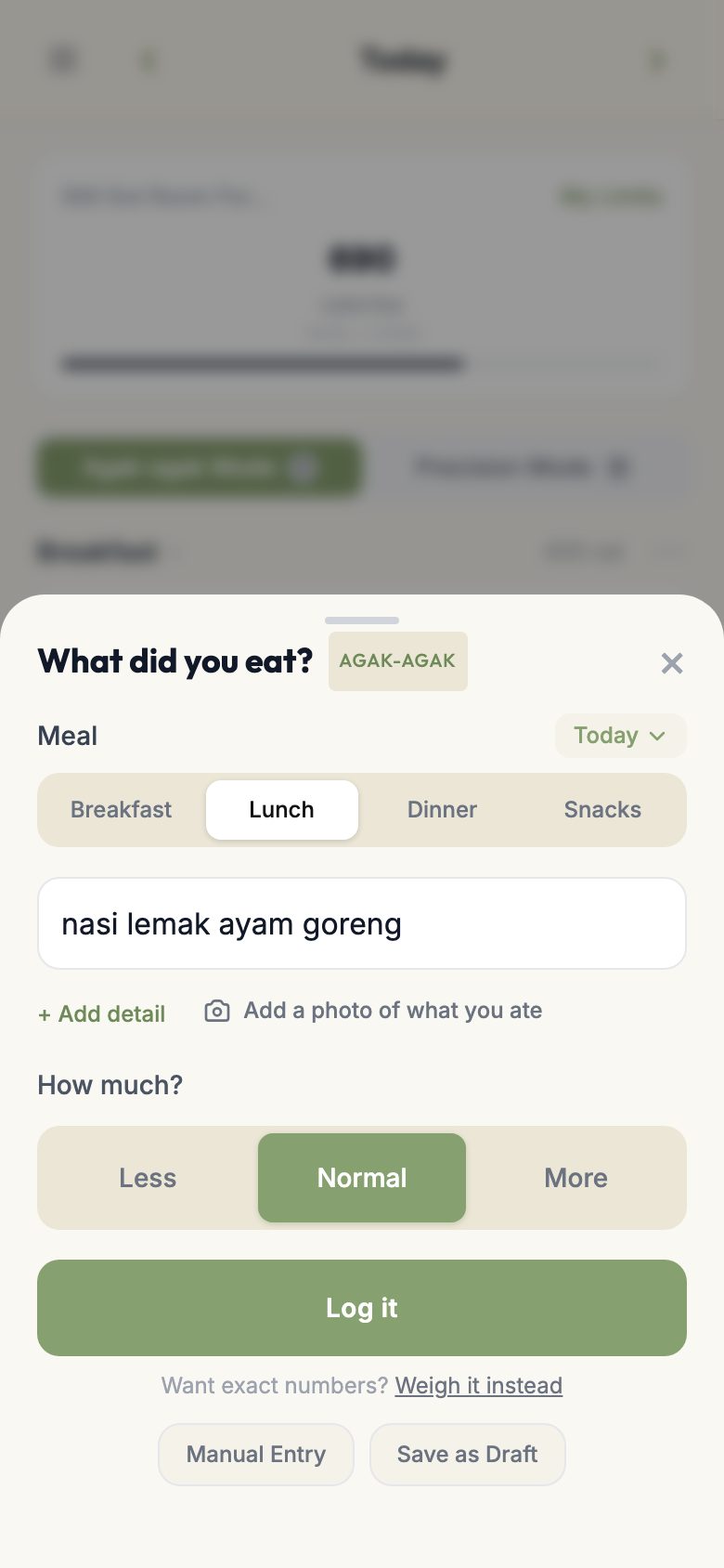 LeMakros app screen: Type what you ate